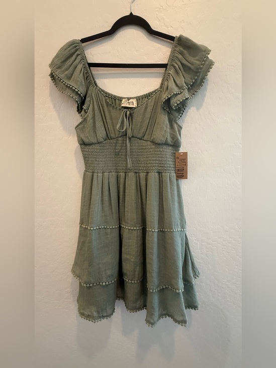 Just Found Dresses & Skirts - Smocked Sage Midi Dress with Pom-Pom Trim